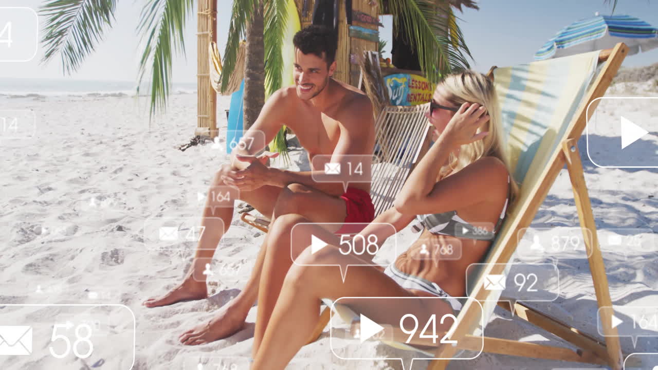 열대 해변에서 휴식을 취하는 사람들의 소셜 미디어 상호 작용 애니메이션