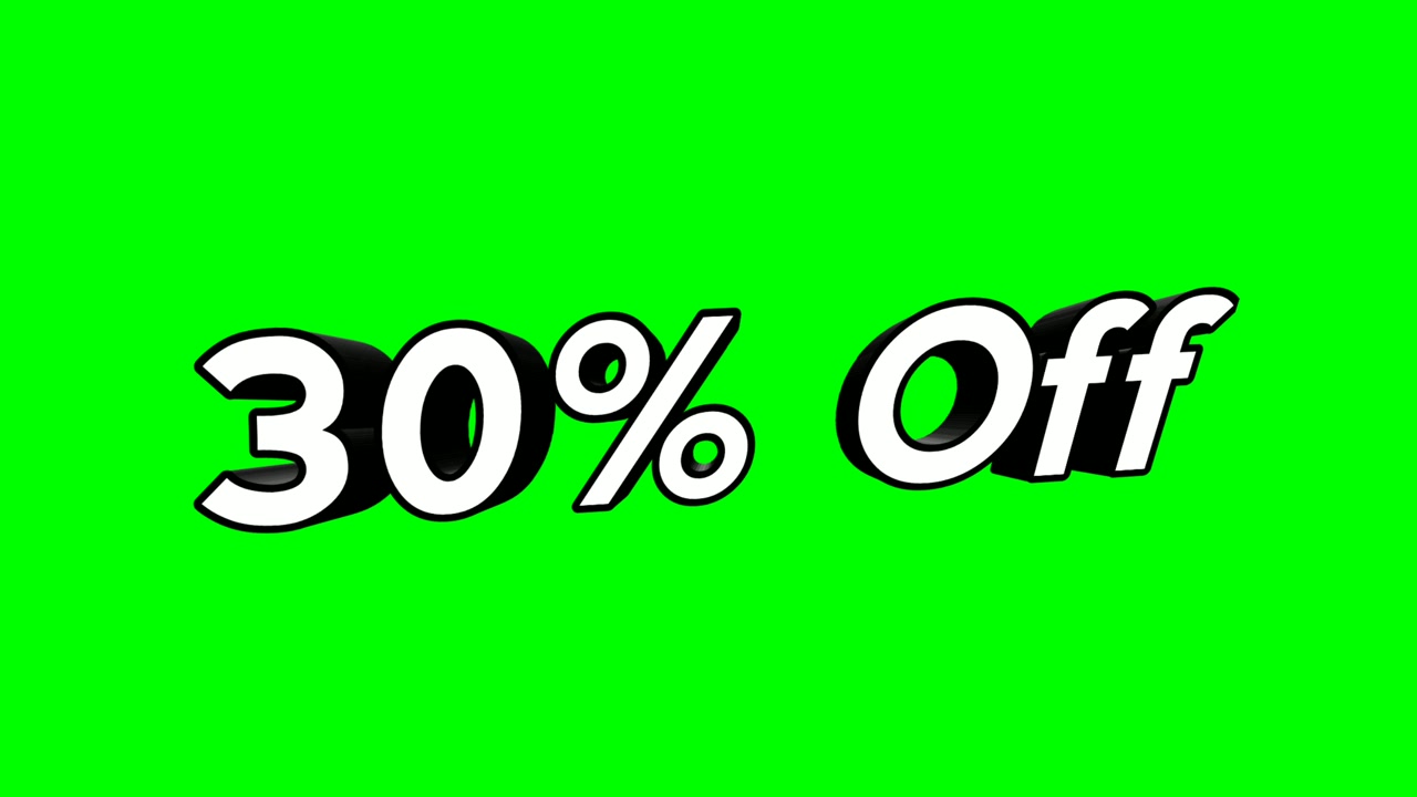 Animazione cartone animato con testo "30% DI SCONTO" che ruota, stile piatto, animazione promozionale, sfondo green screen 4K