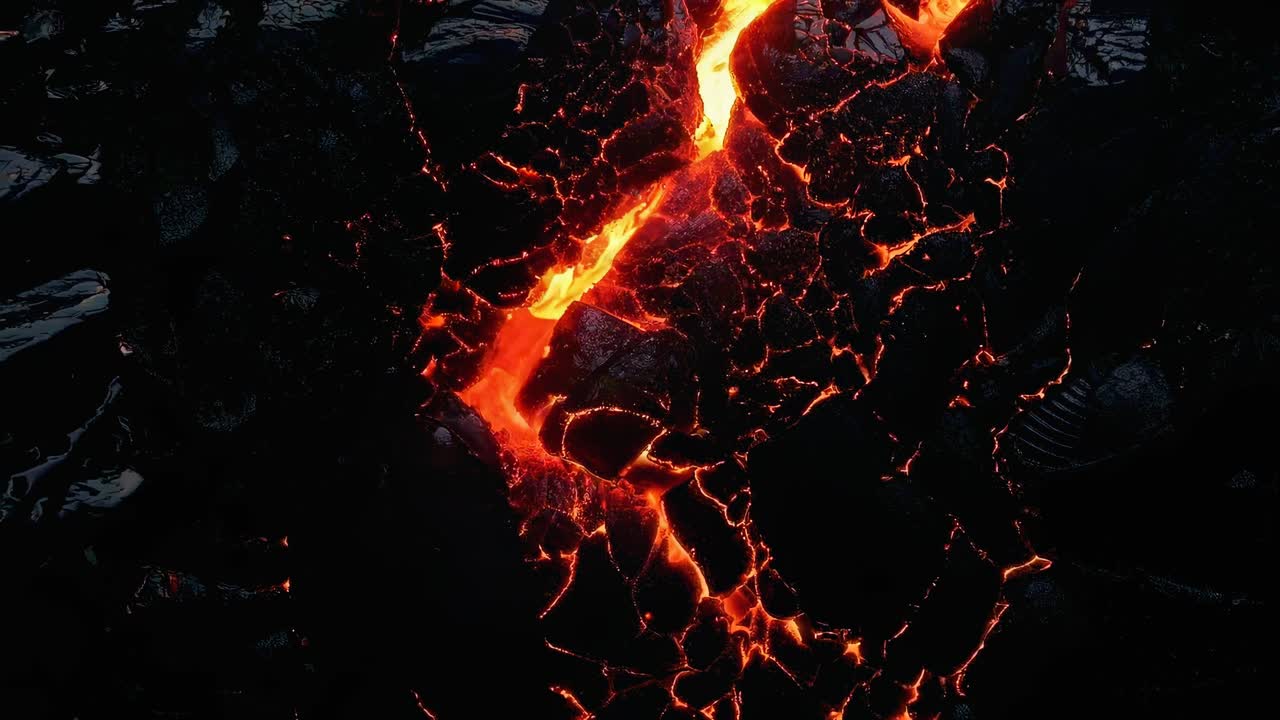 Vista aerea di crepe di lava incandescenti su una superficie scura, creando un impatto visivo drammatico e intenso