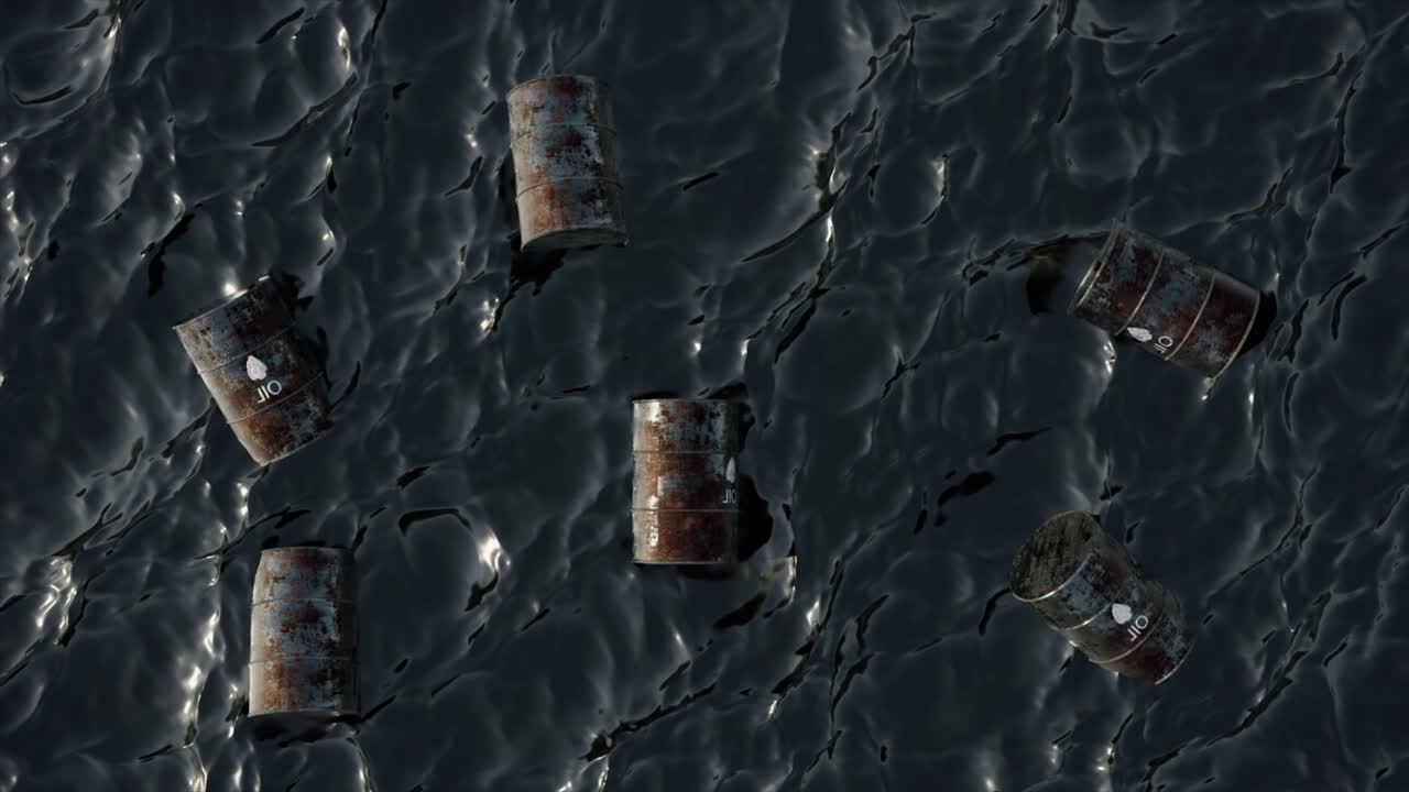 오염된 바다에서 떠다니는 석유 배럴