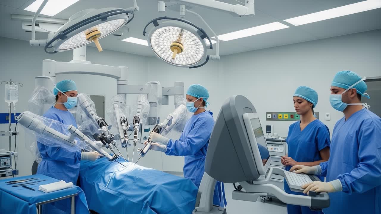 Advanced Robotic Surgery in Action: A Team of Medical Professionals Executes a Complex Procedure Using Innovative Technology in a State-of-the-Art Operating Room