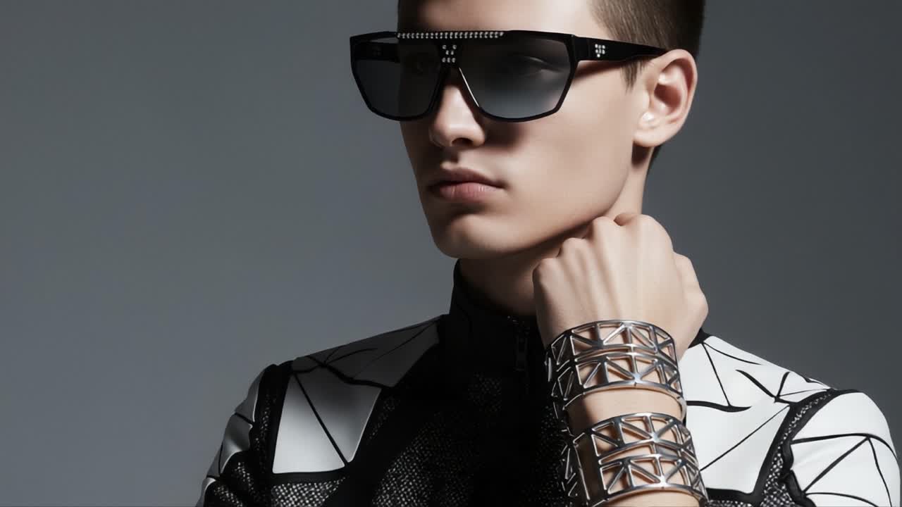 Futuristic Fashion Showcase Featuring Sleek Sunglasses and Metallic Accessories Highlighting a Unique Style Statement