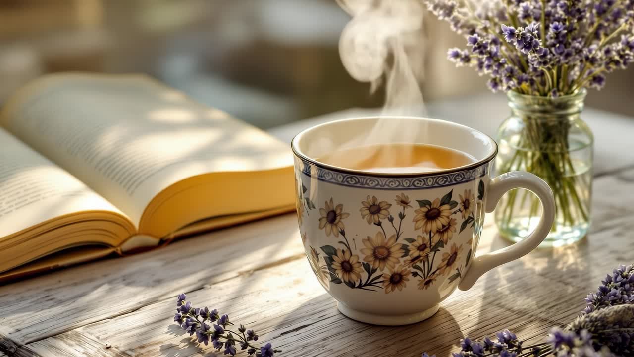 Steaming cup of herbal tea beside an open book and lavender flowers, creating a serene atmosphere for relaxation and mindfulness in a cozy setting