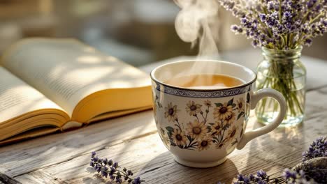 steaming cup of herbal tea beside an open book and lavender flowers, creating a serene atmosphere for relaxation and mindfulness in a cozy setting