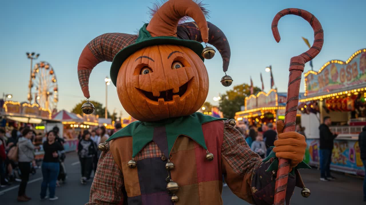 Festive Pumpkin Jester at the Fair: A Whimsical Highlight of Seasonal Celebrations with Colorful Decorations and Joyful Atmosphere Captured During Magic Hour