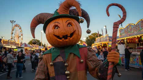 festive pumpkin jester at the fair: a whimsical highlight of seasonal celebrations with colorful decorations and joyful atmosphere captured during magic hour