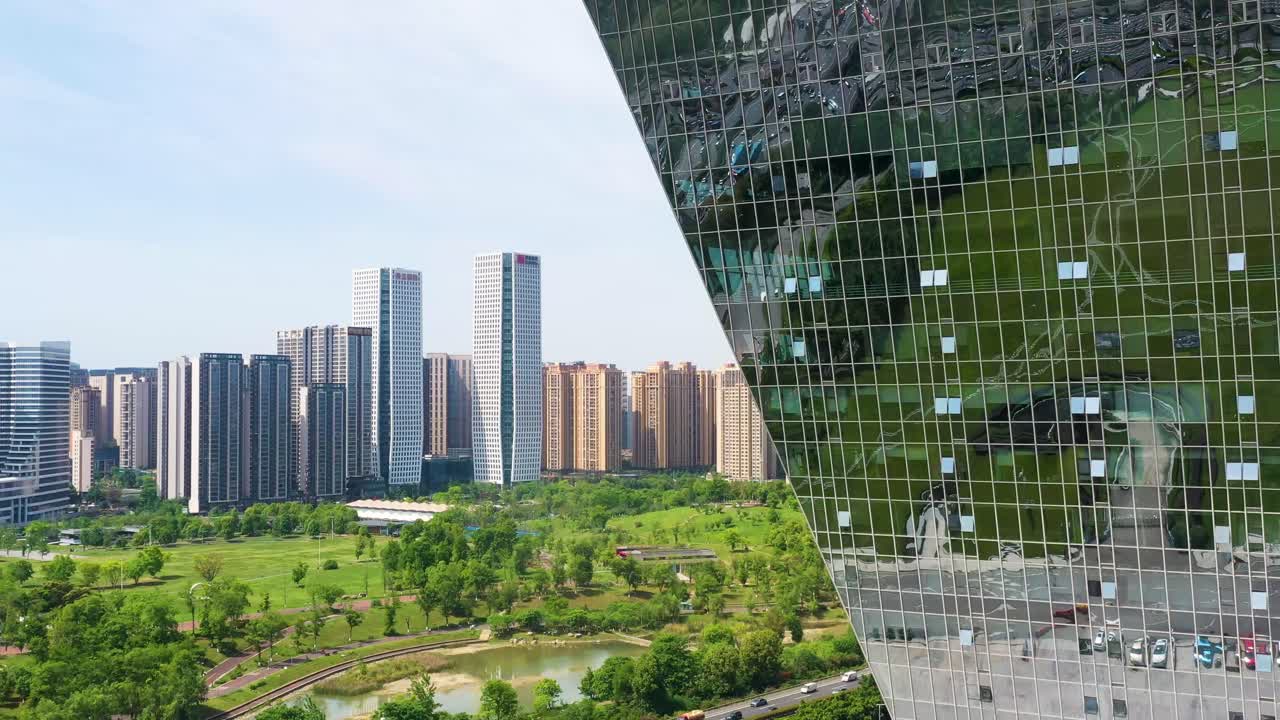 Aerial: Tianfu New Area cityscape during the day in Chengdu, Sichuan, China