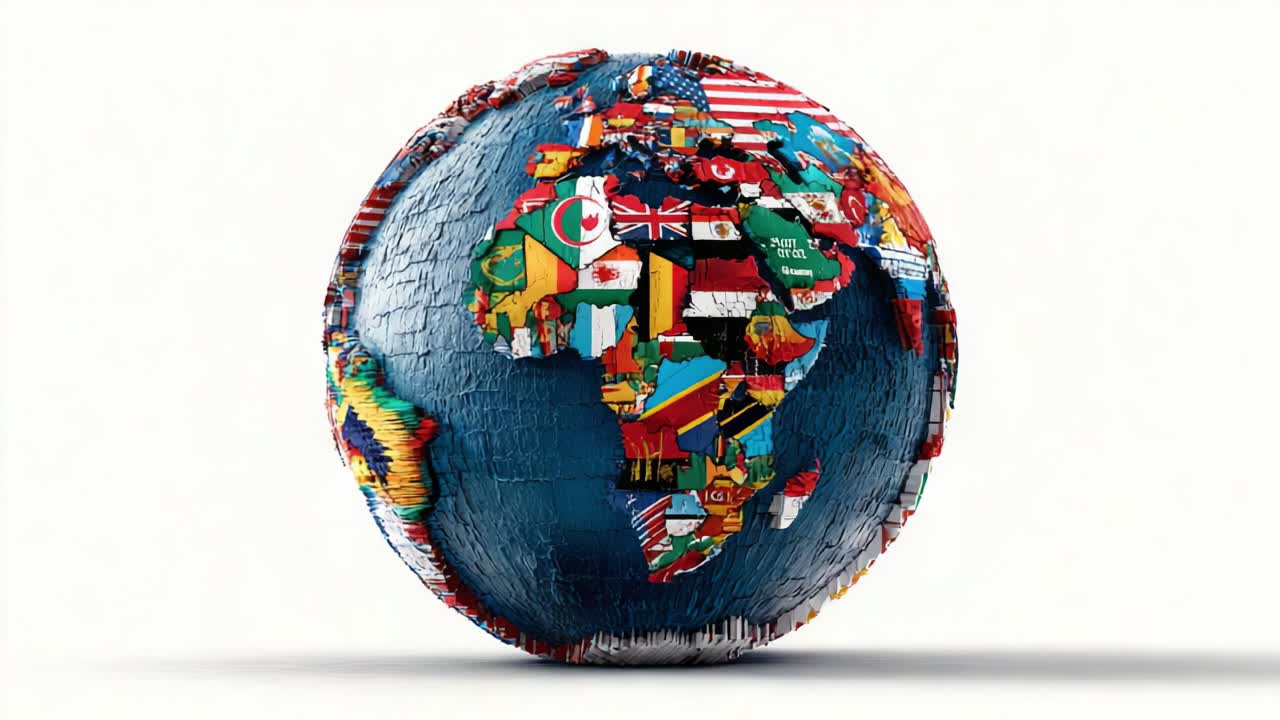 Conceptual animation of a planet Earth globe with continents made of national flags spinning in a loop, symbolizing international relations, global business, unity, and travel all around the world