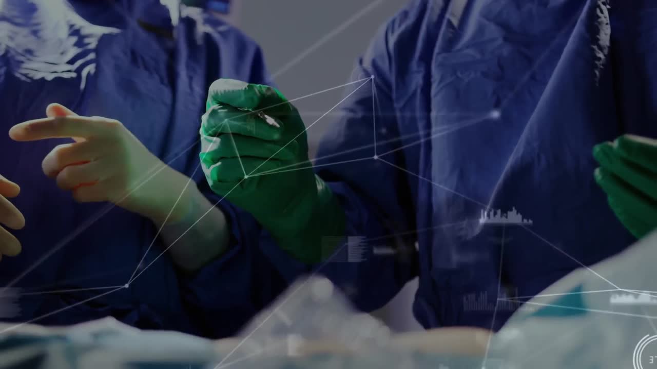 animación de la red de conexiones y procesamiento de datos sobre los cirujanos en el quirófano