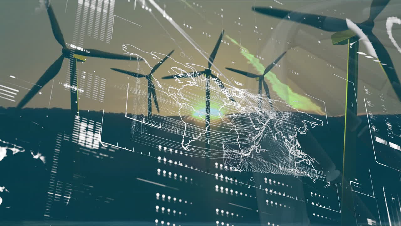 Animation of wind turbines generating energy with digital world map overlay