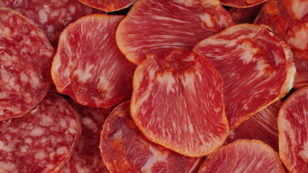 Mix of spanish pork sausages, Cutting board of appetizing catalonian snack - fuet, jamon, chorizo, olives, supermarket tapas food in spain, traditional cuisine.