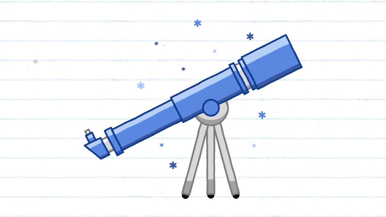 animación de un telescopio en líneas azules sobre un fondo blanco