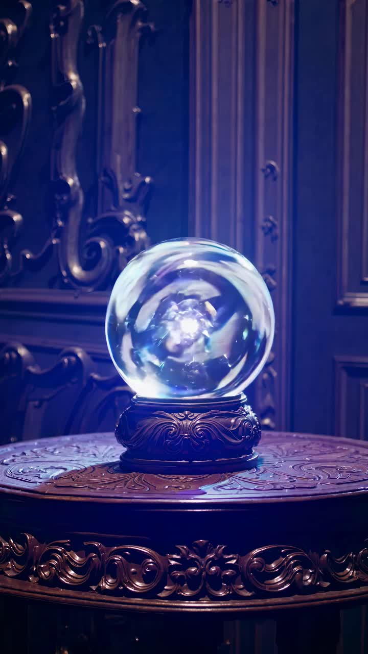 A mystical crystal ball on an ornate table, captured at eye level