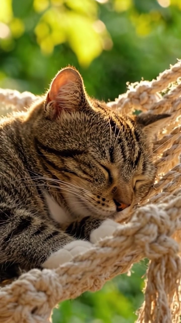 Un gatto pacifico si gode un sonnellino sereno in un'accogliente amaca sotto una luce naturale soffusa, catturando un momento di tranquillità e relax nella natura.