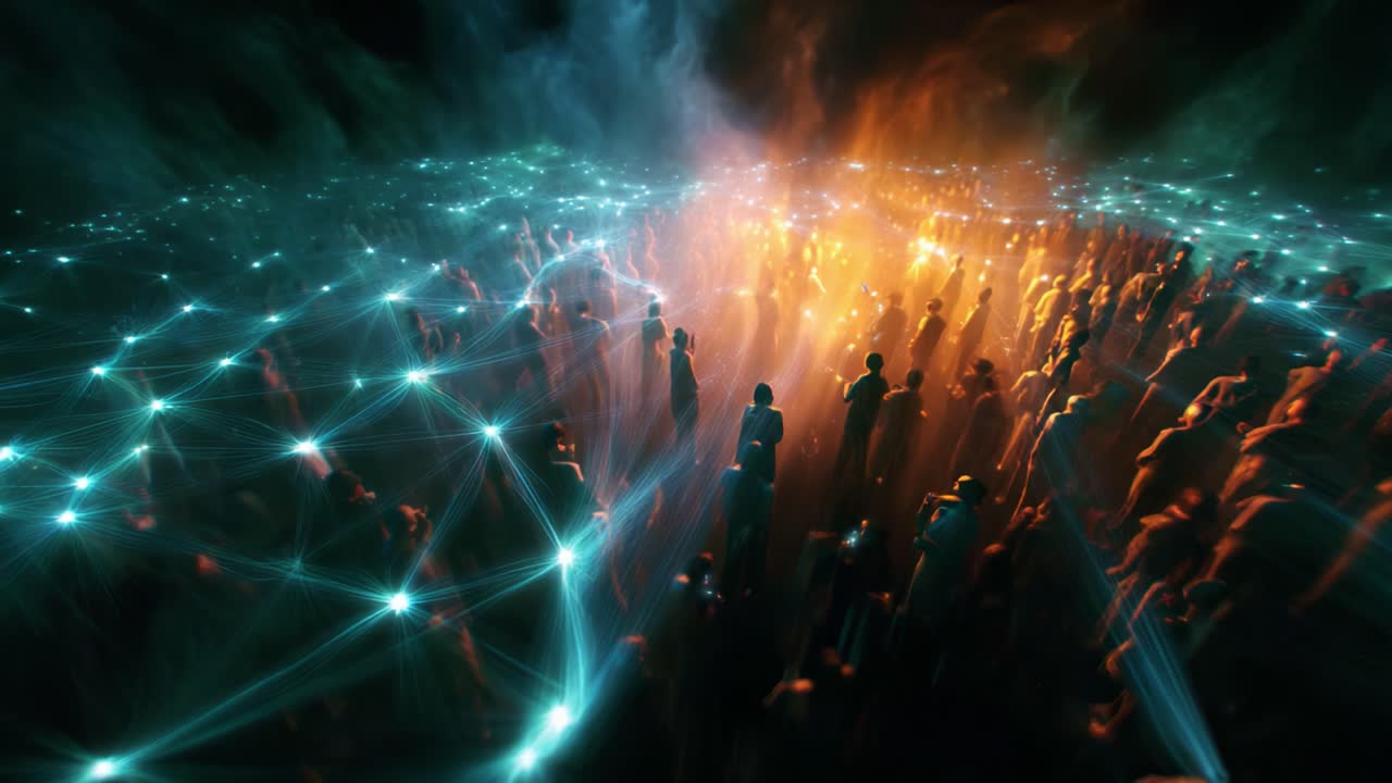 A cast of diverse figures congregating in a luminescent sphere surrounded by a glimmering network, evoking a sense of connection and harmony illuminated by radiant colors emerging from the depths of the scene