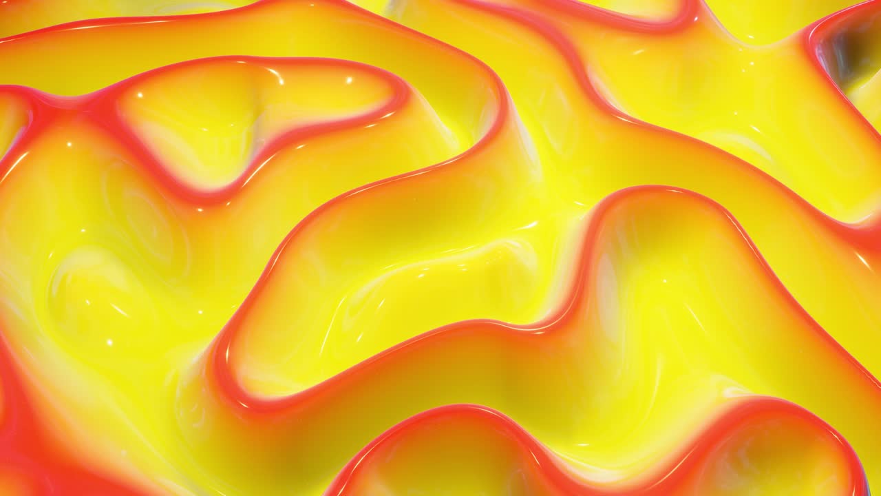 looped festive liquid BG in 4k. Abstract wavy pattern on bright glossy surface, red yellow color, waves on paint fluid in smooth animation. Glitters on viscous 3d liquid. Creative backdro