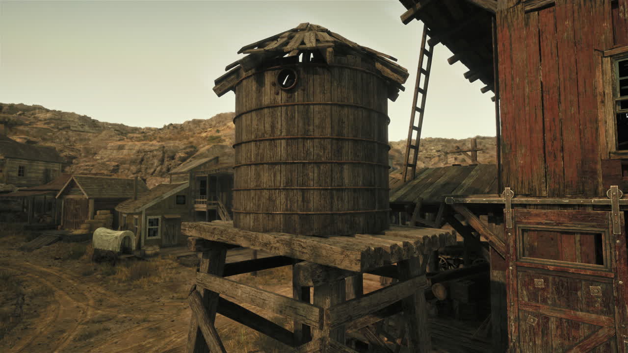 un edificio histórico de madera con una encantadora torre de agua a su lado