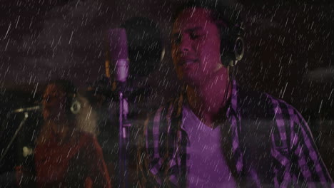 music collaborators singing into studio microphones in recording room showing animated rain overlay