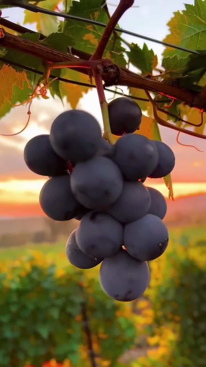 Grappoli d'uva matura sulla vite con sfondo di tramonto dorato