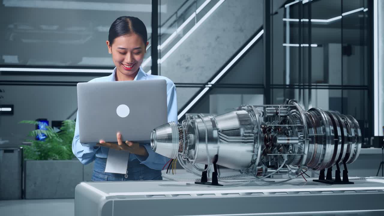 mujer ingeniera que trabaja en el diseño de motores de avión