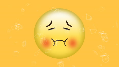 animation of white christmas icons falling over sad, embarrassed emoji on yellow background