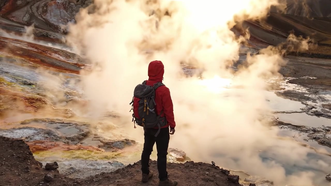 Un paio di scatti mozzafiato che ritraggono un escursionista con una giacca rossa in piedi in un paesaggio geotermico naturale, circondato da geyser colorati e fumanti e dalla luce brillante del sole.