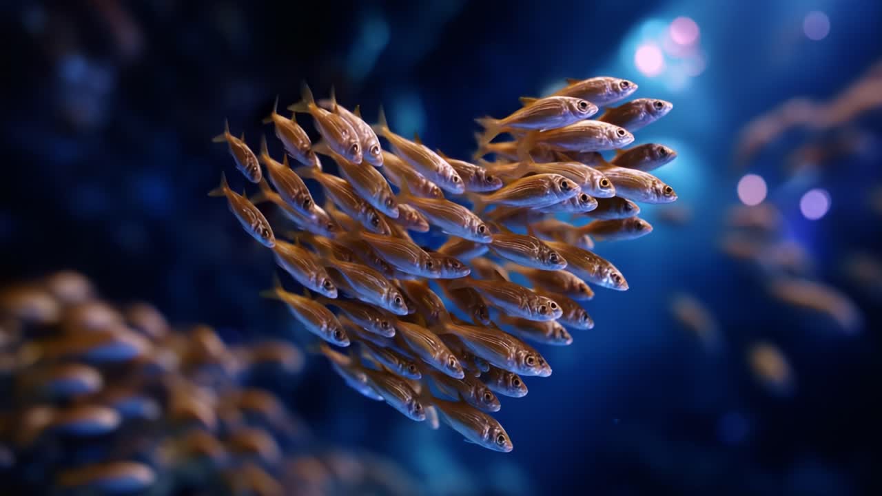 En fascinerende stime af fisk svømmer elegant gennem det dybblå vand og viser deres livlige farver og synkrone bevægelser i en fængslende undervandsforestilling.