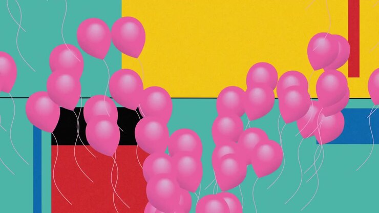 Animazione di palloncini rosa su motivo astratto e vivace