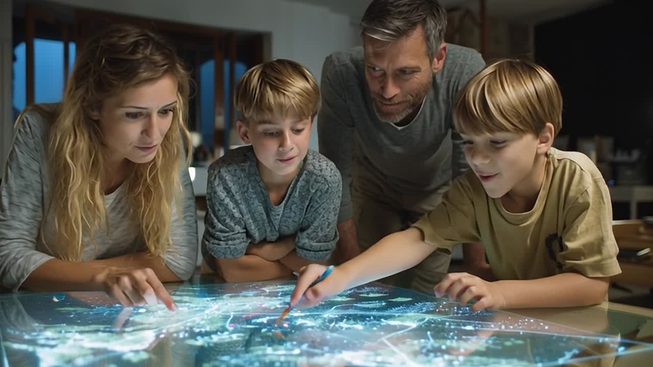 Famiglia che si gode la tecnologia interattiva esplorando una mappa digitale