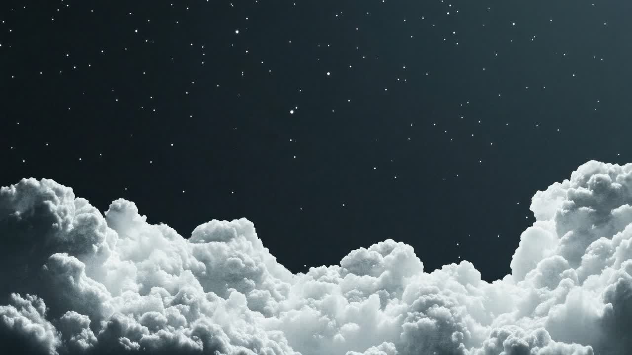 The video captures a serene night sky filled with stars above fluffy clouds, creating a dreamy