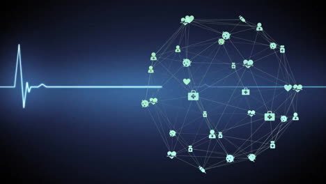 animation of network of connections with icons over cardiograph