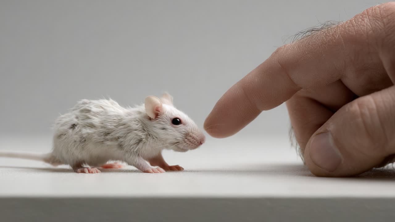 A tender moment shared between a human hand and a small, delicate mouse, highlighting the connection and compassion that can exist between different species