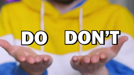 do don't choice text appearing on male hands and tracking with up and down movement. visual illustration of two options and weighing up decision with pros and cons. 3d animation.