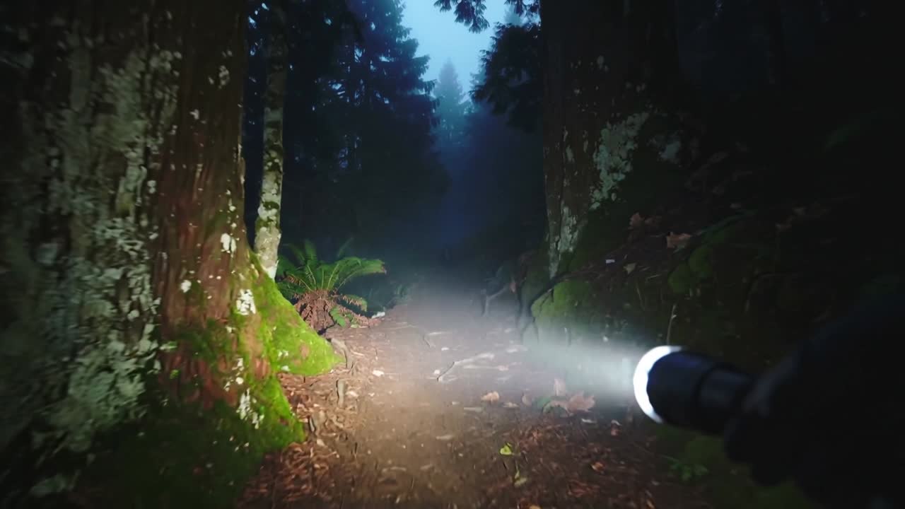 Vandrer går på skovsti, tænder lommelygte og fejer lysstrålen for at afsløre rødder, mos og tåge til en filmoptagelse.