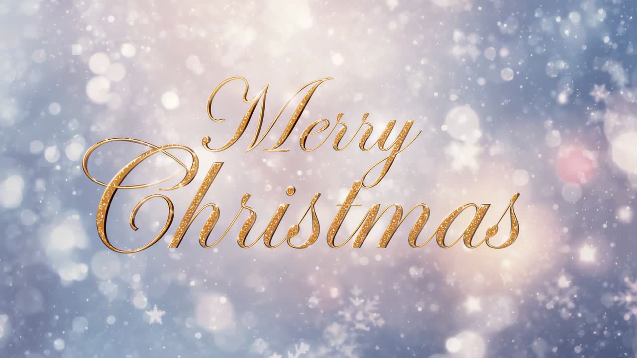 Animating gold script Merry Christmas shifting left, scaling up on card, with bokeh flakes sparkle