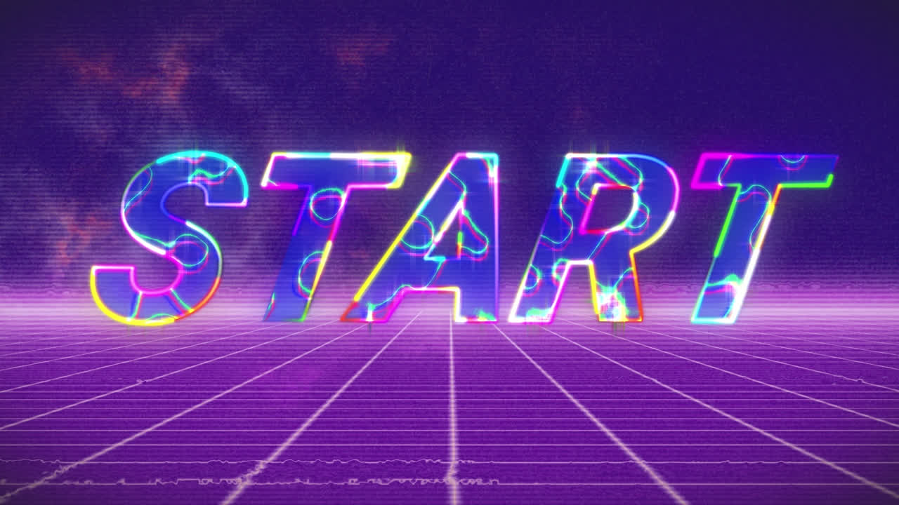 animación del texto de inicio sobre el fondo de la cuadrícula de neón