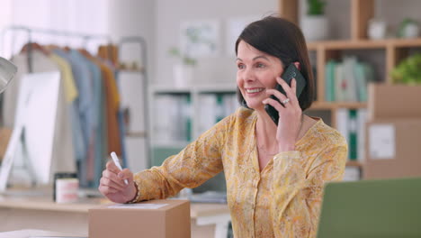 woman, phone call and boxes for e commerce