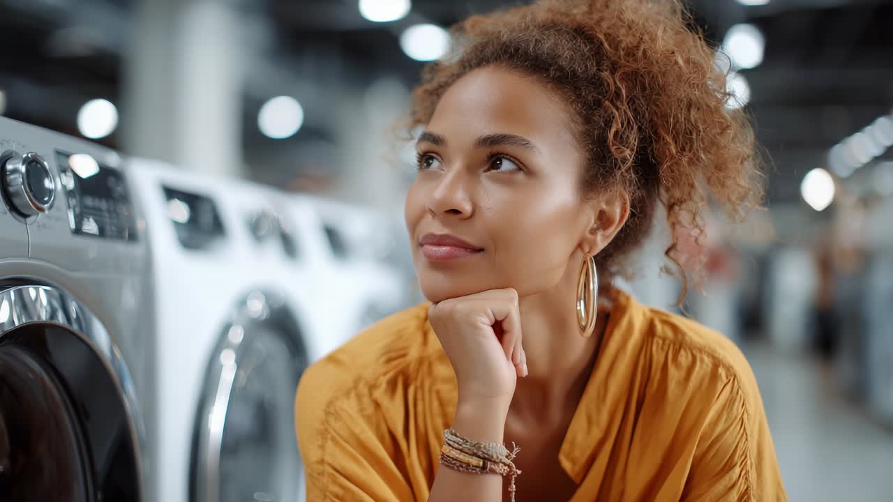 Reflective Moments: A Young Woman Contemplates Life in a Modern Laundry Room with Advanced Washing Machines, Illuminated by Soft Ambient Light in a Contemporary Setting