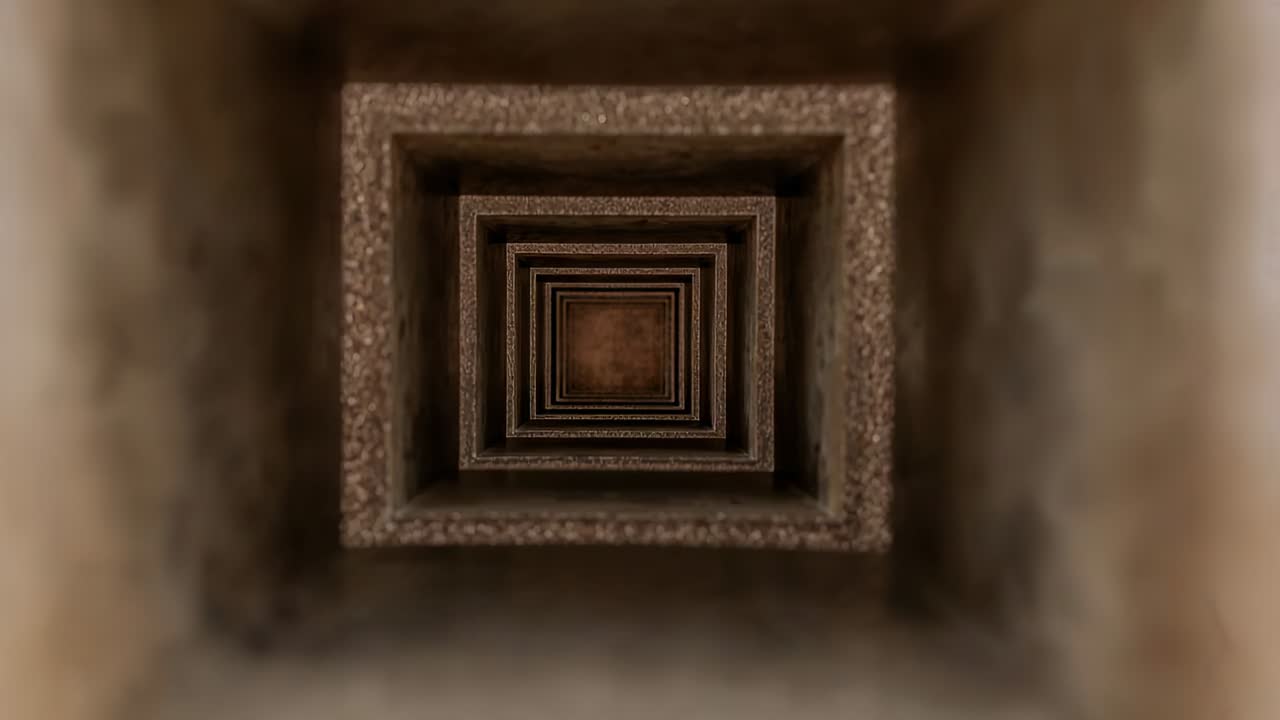 Moving camera approaching nested square shaft in stone passage, revealing worn texture and center