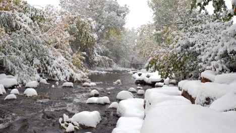 Snow-falling-in-the-Boulder-Creek,-Boulder,-Colorado