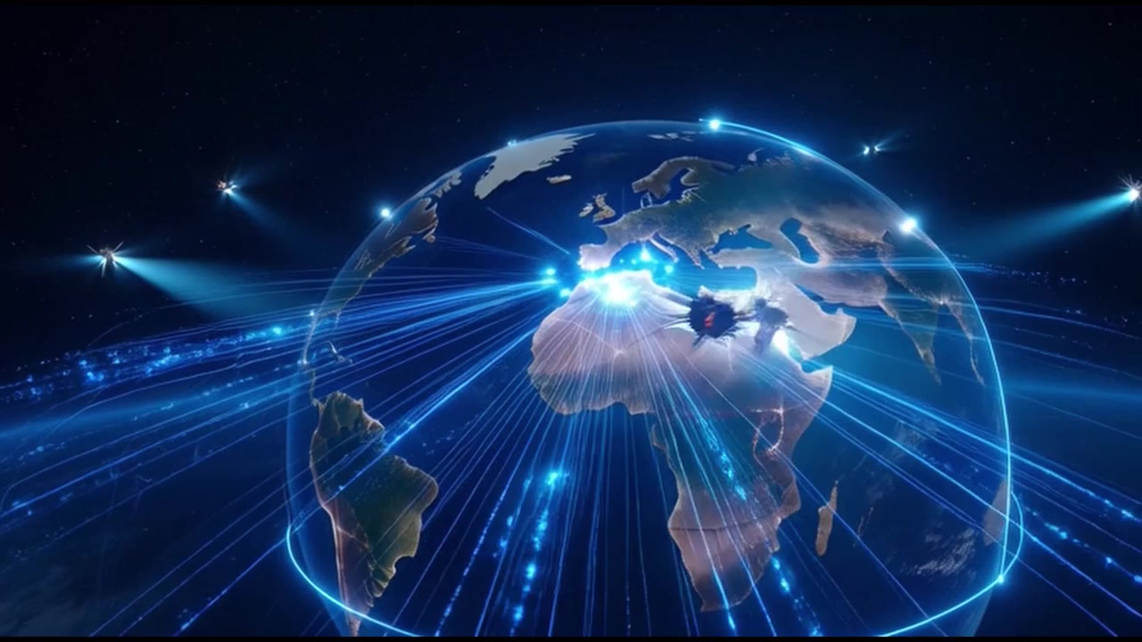 Satelliti digitali in orbita attorno alla Terra con connessioni dati globali