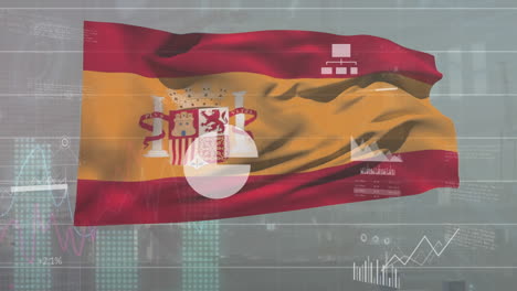 animación del procesamiento de datos financieros sobre el pabellón de españa