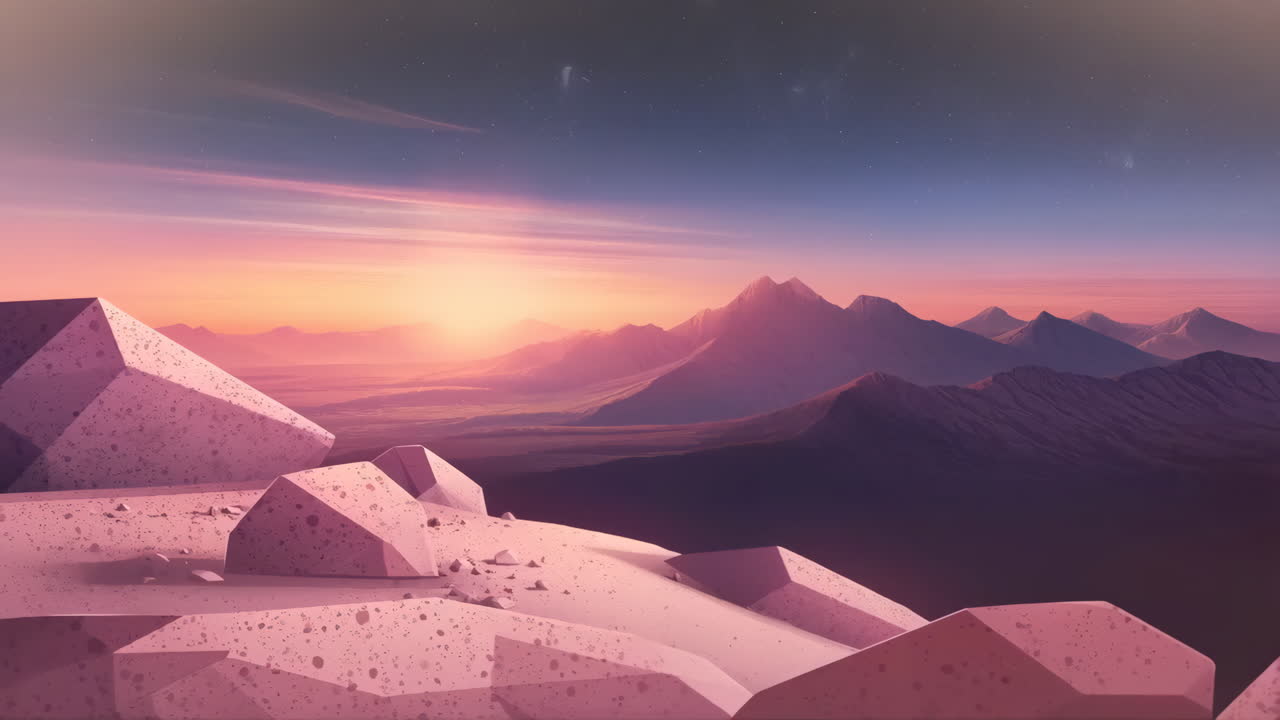 Vibrant Alien Landscape with Geometric Rocks and Starry Sunset