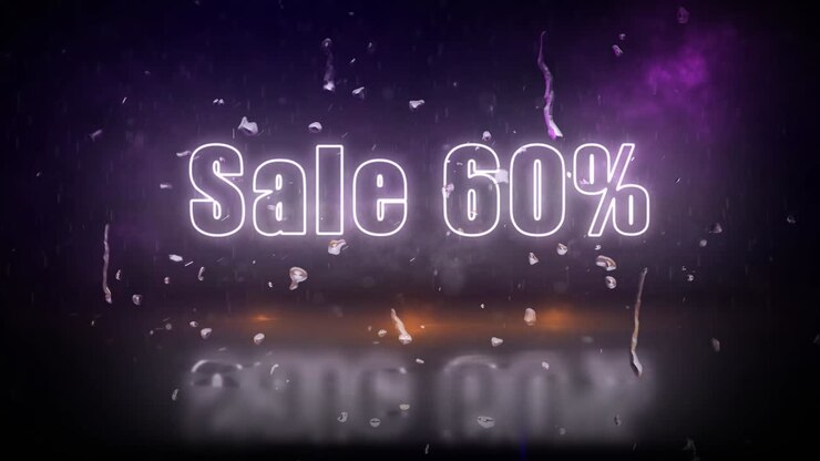 Insegna al neon "Sconti 60%" che si intravede in una tempesta con luci tremolanti