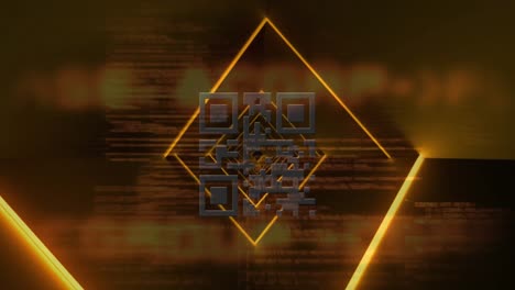 animación del código qr en patrón de rombo y lenguaje de programación sobre un fondo abstracto.