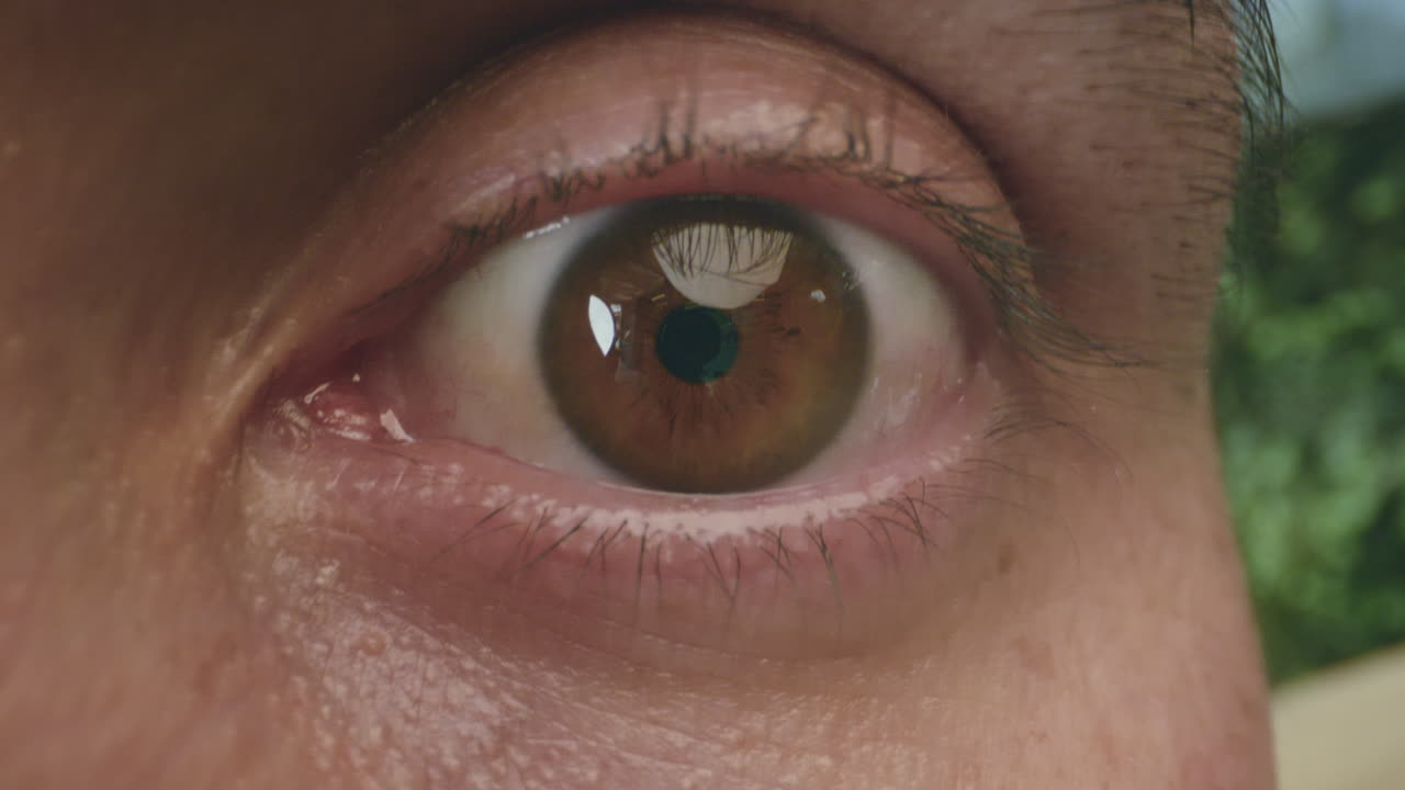 Striking close-up of a brown human eye, with visible reflection in the pupil and realistic details in the skin.