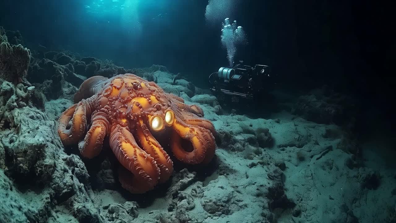 Underwater scene with an octopus and a diver