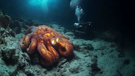 underwater scene with an octopus and a diver