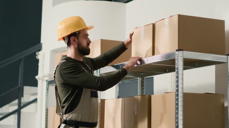 Warehouse workers handling cardboard boxes
