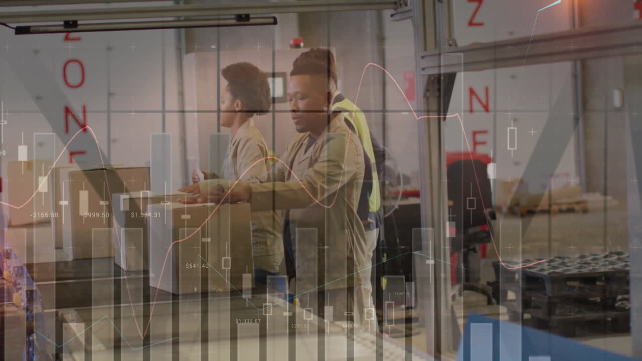 Animation of statistic charts over african american workers in warehouse